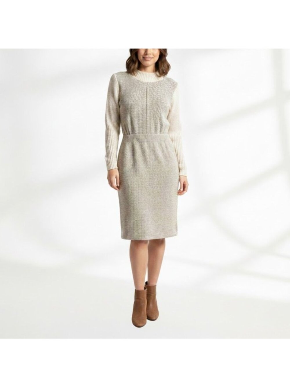 Vintage Country Set Size XS Beige & Brown Long Sleeve Knee Length Sweater Dress